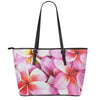 Pink Frangipani Flower Print Leather Tote Bag