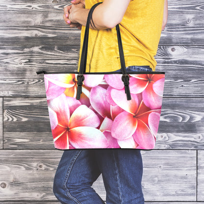 Pink Frangipani Flower Print Leather Tote Bag