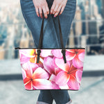 Pink Frangipani Flower Print Leather Tote Bag