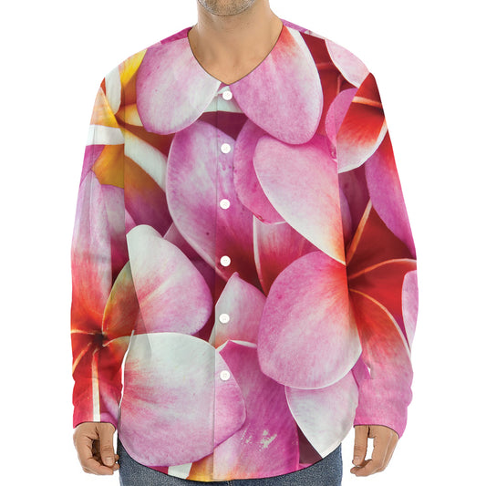 Pink Frangipani Flower Print Long Sleeve Baseball Jersey