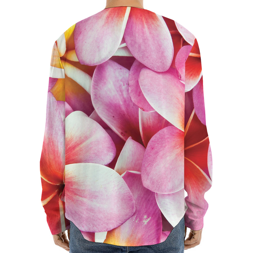 Pink Frangipani Flower Print Long Sleeve Baseball Jersey