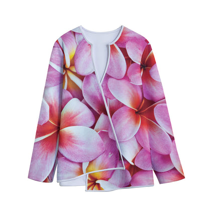 Pink Frangipani Flower Print Long Sleeve Short Coat