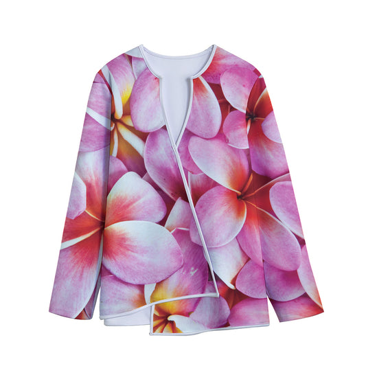 Pink Frangipani Flower Print Long Sleeve Short Coat