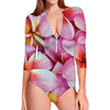 Pink Frangipani Flower Print Long Sleeve Swimsuit