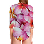 Pink Frangipani Flower Print Long Sleeve Swimsuit