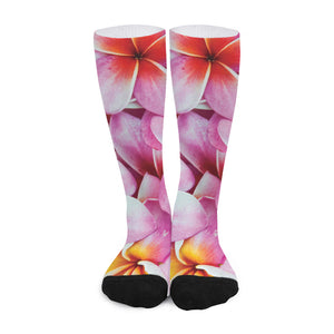 Pink Frangipani Flower Print Long Socks