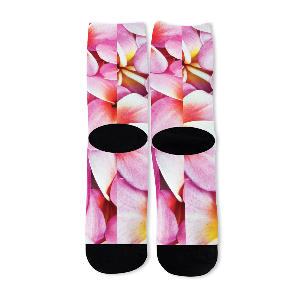 Pink Frangipani Flower Print Long Socks