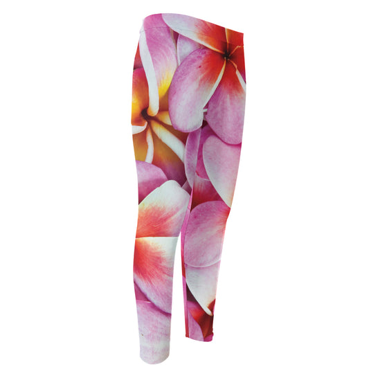 Pink Frangipani Flower Print Men's Compression Pants