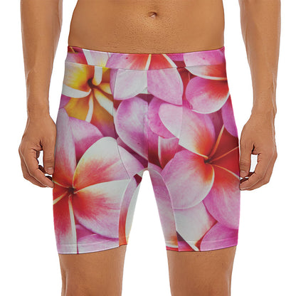 Pink Frangipani Flower Print Men's Long Boxer Briefs