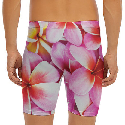 Pink Frangipani Flower Print Men's Long Boxer Briefs