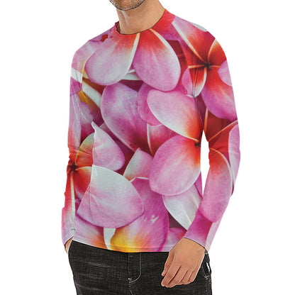 Pink Frangipani Flower Print Men's Long Sleeve Rash Guard
