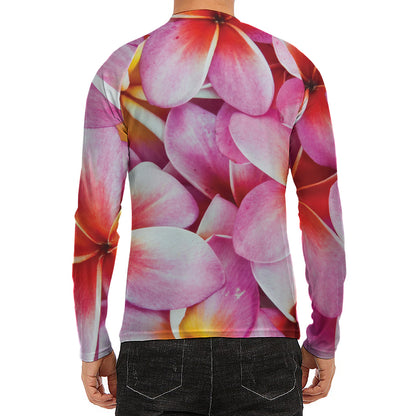 Pink Frangipani Flower Print Men's Long Sleeve Rash Guard