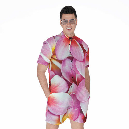 Pink Frangipani Flower Print Men's Rompers