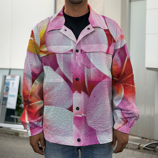 Pink Frangipani Flower Print Men's Shirt Jacket