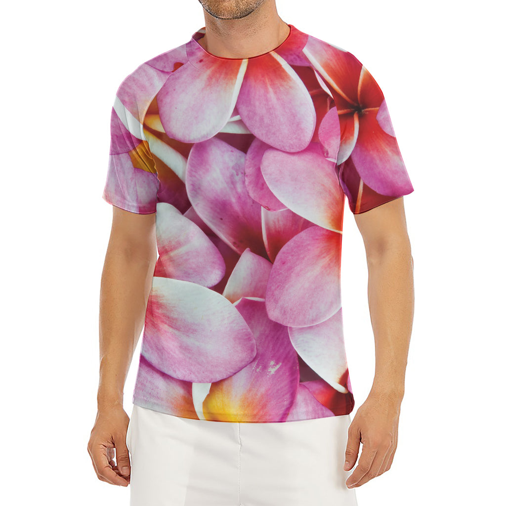Pink Frangipani Flower Print Men's Short Sleeve Rash Guard