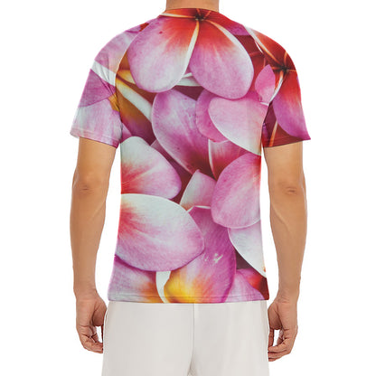 Pink Frangipani Flower Print Men's Short Sleeve Rash Guard