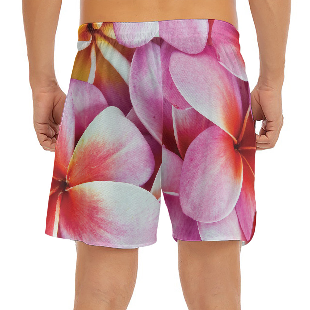 Pink Frangipani Flower Print Men's Split Running Shorts