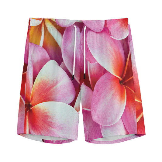 Pink Frangipani Flower Print Men's Sports Shorts