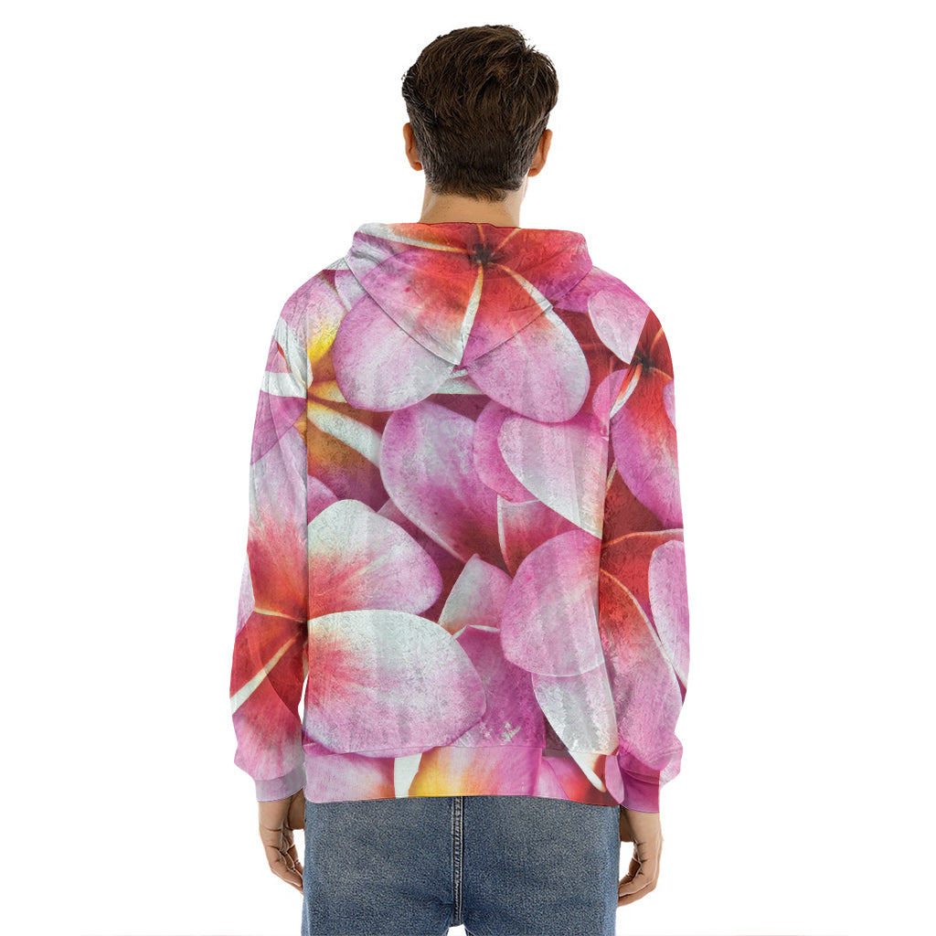 Pink Frangipani Flower Print Men's Velvet Pullover Hoodie