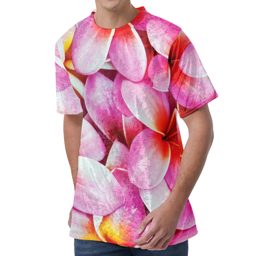 Pink Frangipani Flower Print Men's Velvet T-Shirt