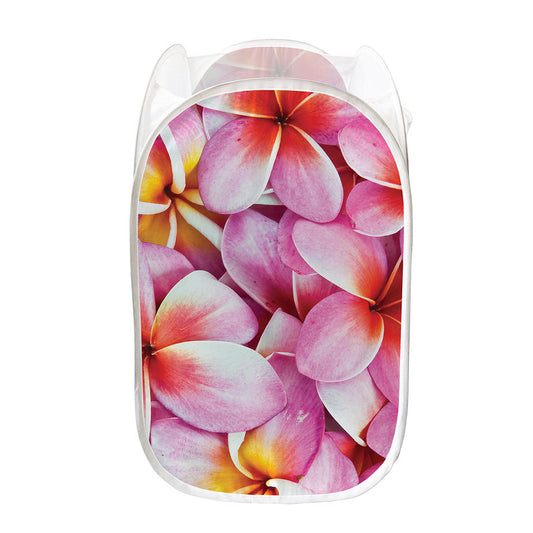 Pink Frangipani Flower Print Mesh Laundry Hamper