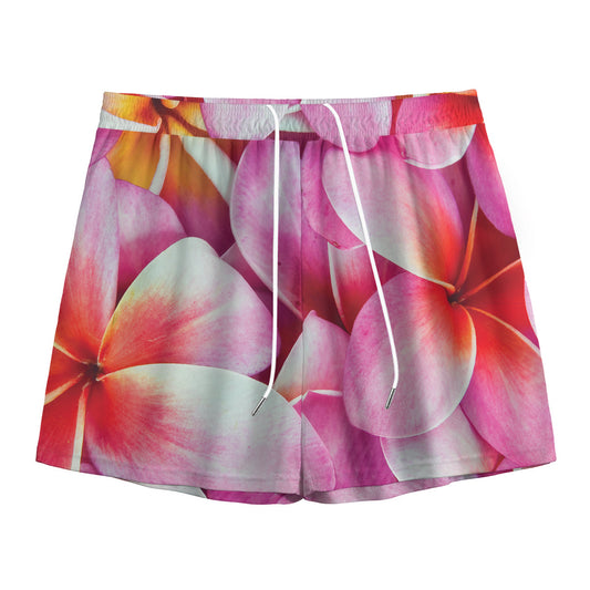 Pink Frangipani Flower Print Mesh Shorts