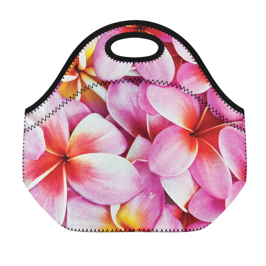 Pink Frangipani Flower Print Neoprene Lunch Bag
