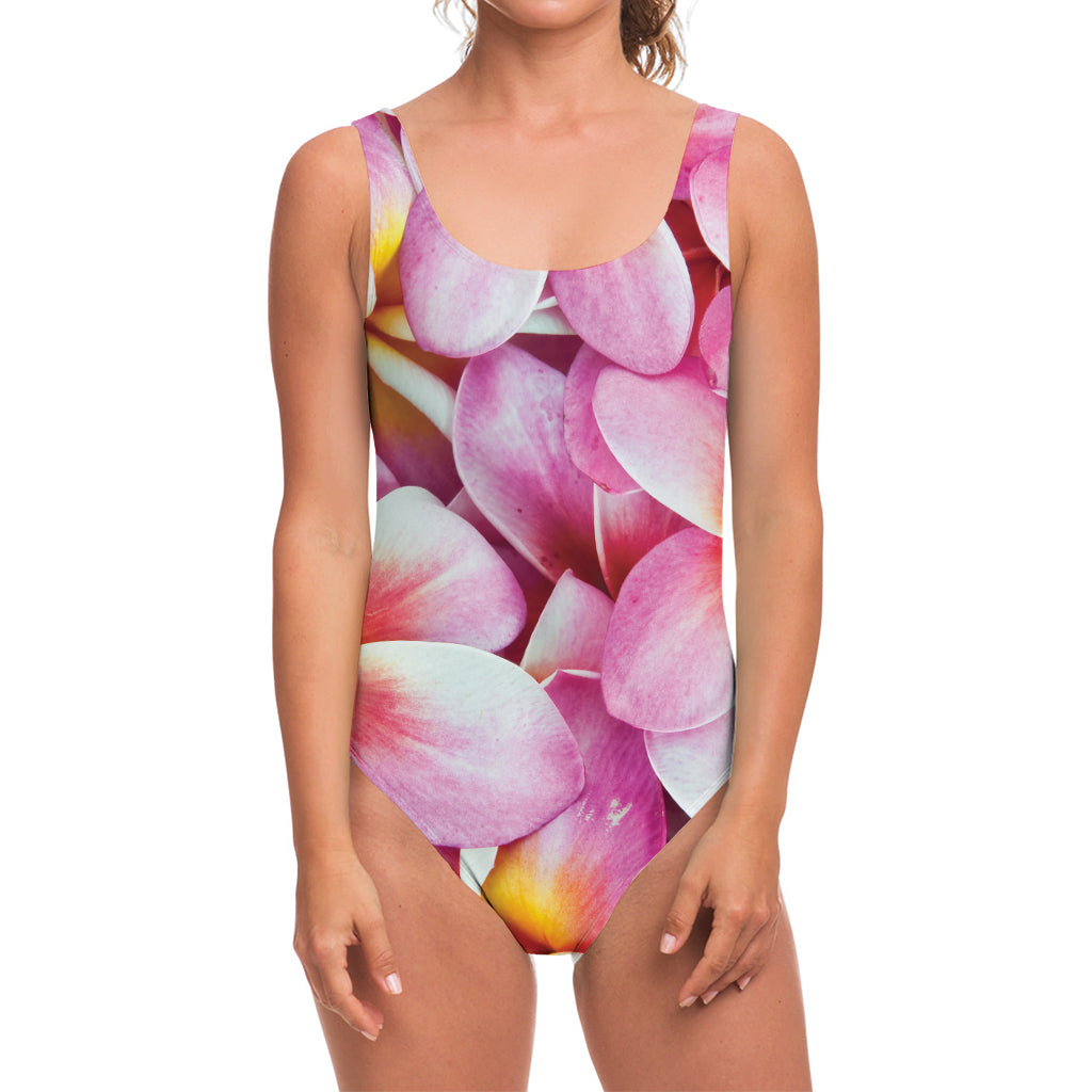 Pink Frangipani Flower Print One Piece Swimsuit