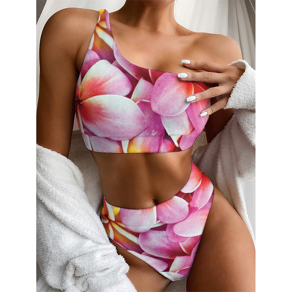 Pink Frangipani Flower Print One Shoulder Bikini Top