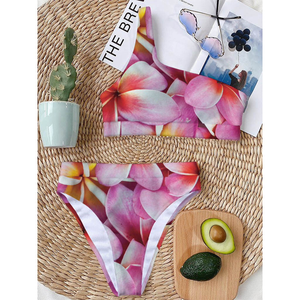 Pink Frangipani Flower Print One Shoulder Bikini Top