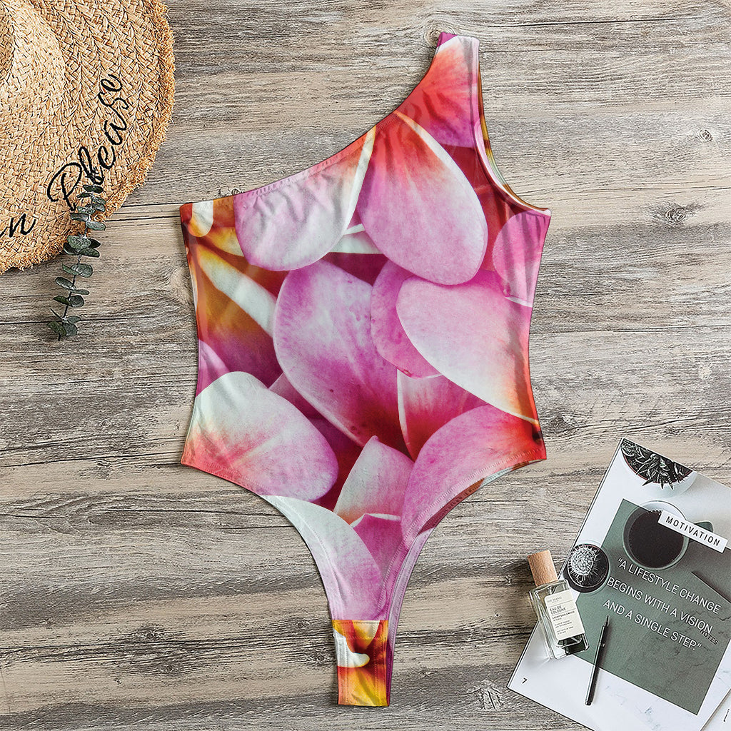 Pink Frangipani Flower Print One Shoulder Bodysuit
