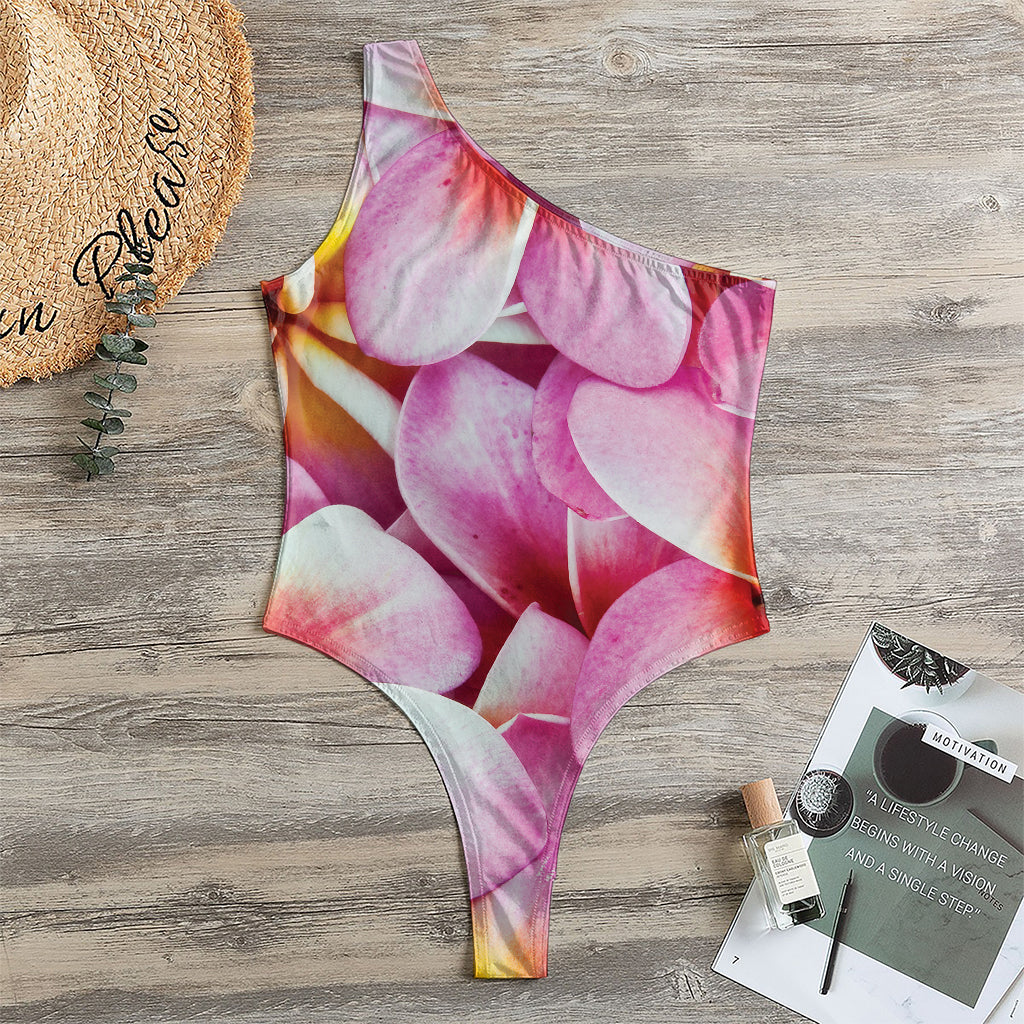 Pink Frangipani Flower Print One Shoulder Bodysuit