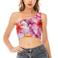 Pink Frangipani Flower Print One Shoulder Crop Top