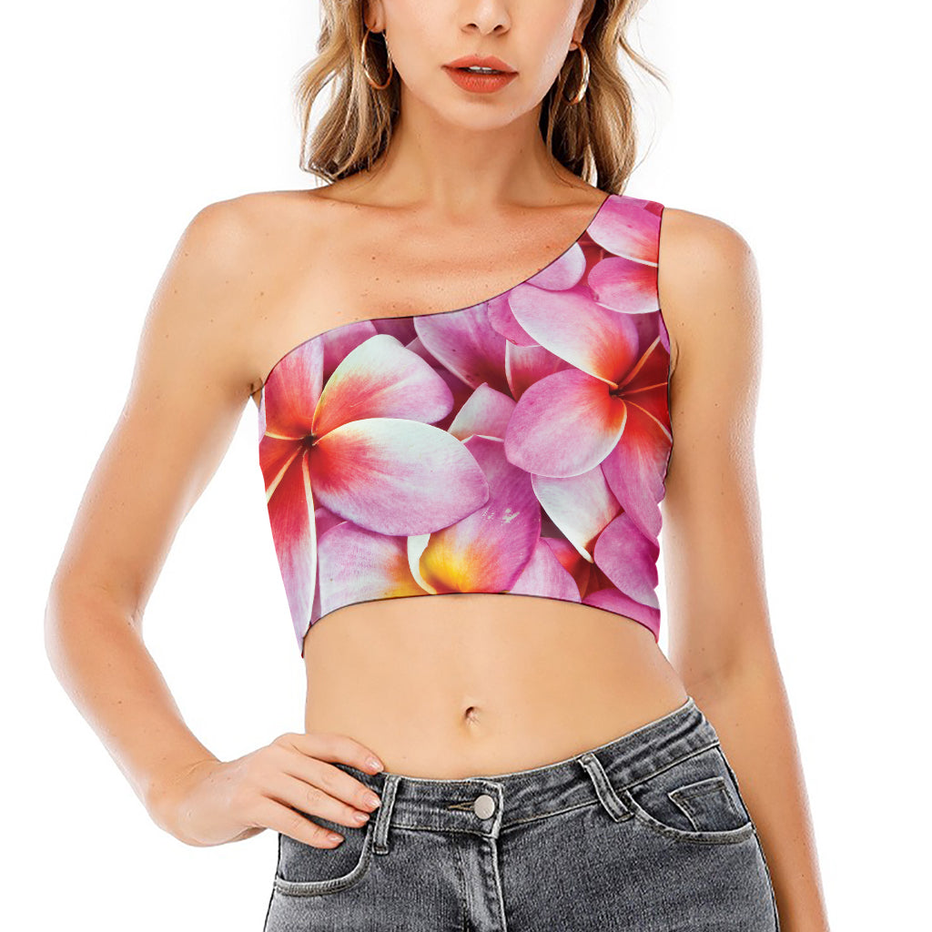 Pink Frangipani Flower Print One Shoulder Crop Top