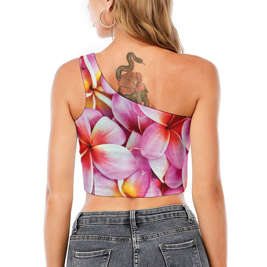 Pink Frangipani Flower Print One Shoulder Crop Top