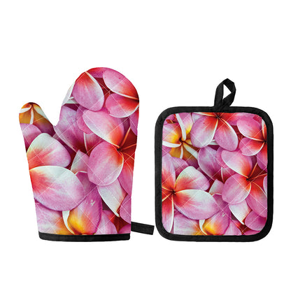 Pink Frangipani Flower Print Oven Mitt And Pot Holder Set