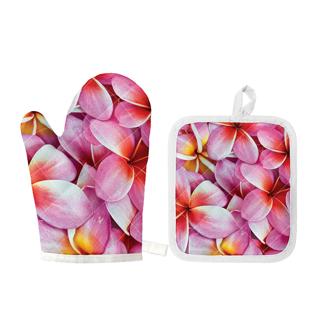 Pink Frangipani Flower Print Oven Mitt And Pot Holder Set