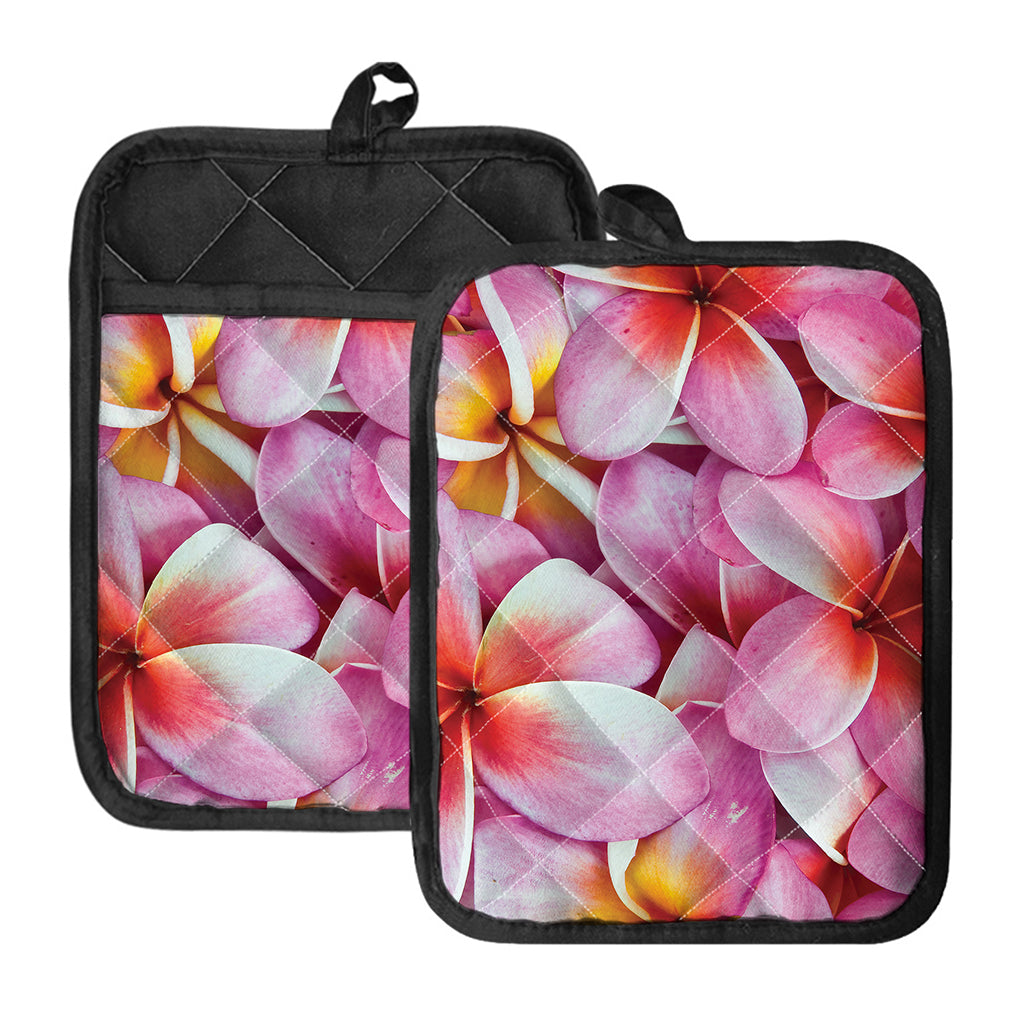 Pink Frangipani Flower Print Pot Holders With Pocket