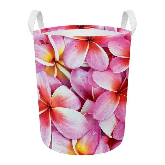Pink Frangipani Flower Print Round Laundry Basket
