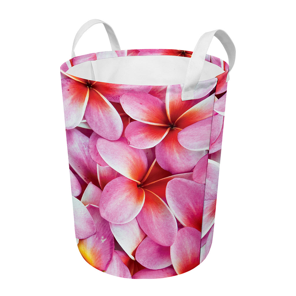 Pink Frangipani Flower Print Round Laundry Basket