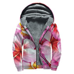 Pink Frangipani Flower Print Sherpa Lined Zip Up Hoodie