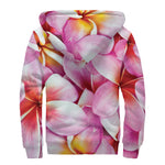 Pink Frangipani Flower Print Sherpa Lined Zip Up Hoodie