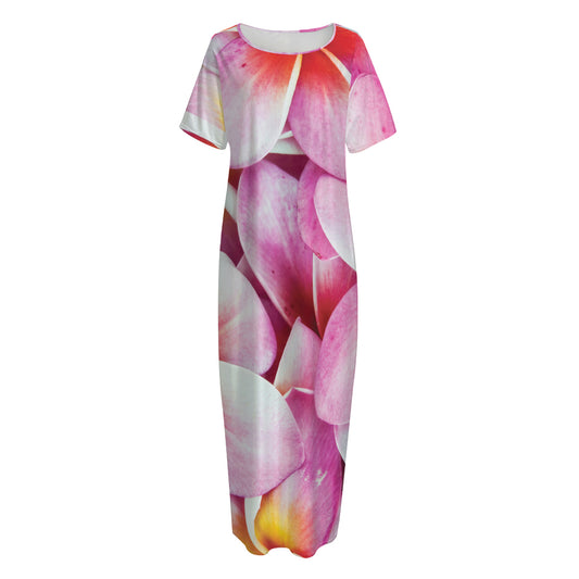 Pink Frangipani Flower Print Short Sleeve Long Nightdress