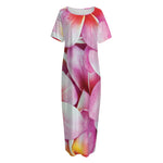 Pink Frangipani Flower Print Short Sleeve Long Nightdress