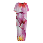 Pink Frangipani Flower Print Short Sleeve Long Nightdress