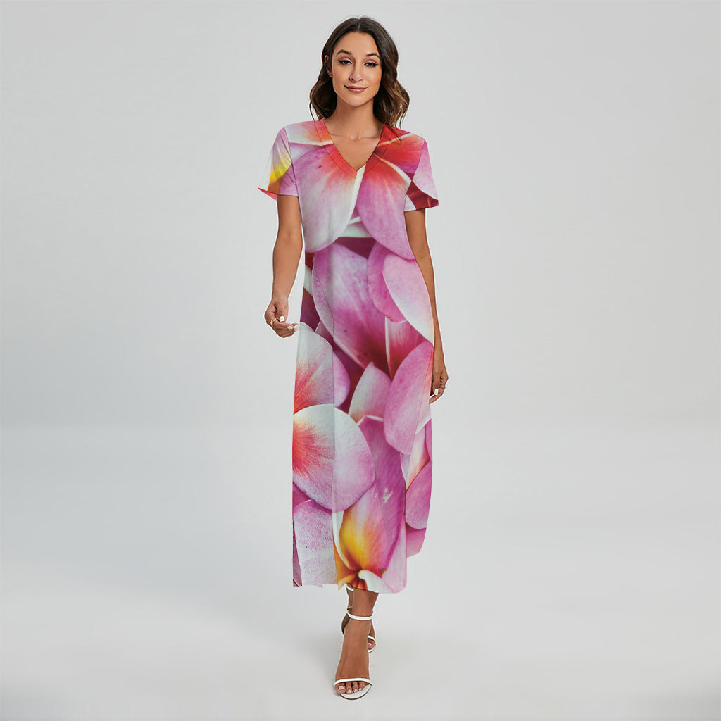Pink Frangipani Flower Print Short Sleeve Maxi Dress