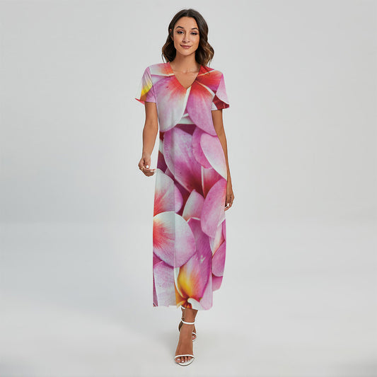Pink Frangipani Flower Print Short Sleeve Maxi Dress