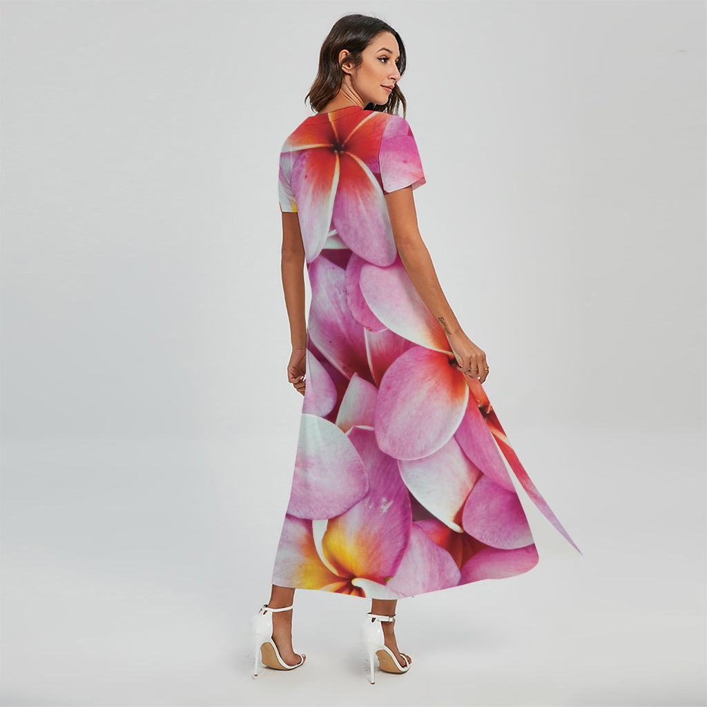 Pink Frangipani Flower Print Short Sleeve Maxi Dress