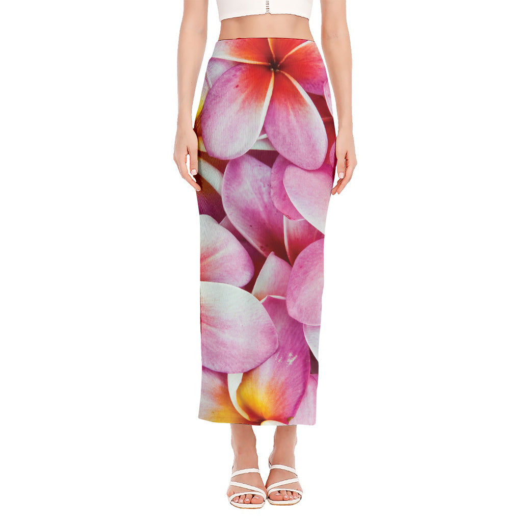 Pink Frangipani Flower Print Side Slit Maxi Skirt