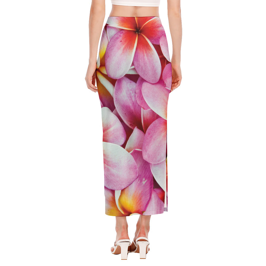 Pink Frangipani Flower Print Side Slit Maxi Skirt